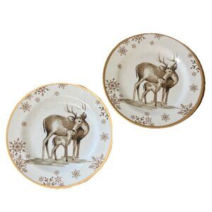 Jaclyn smith melamine 2 Plates Winter Christmas Deer Buck Baby Gold White VNTG
